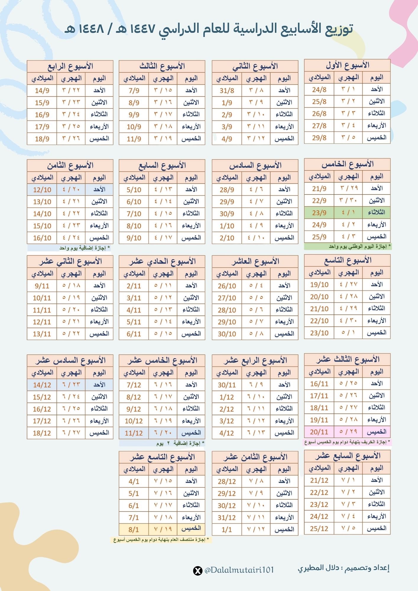 التقويم الدراسي وتوزيع الأسابيع للفصل الدراسي الأول للعام ١٤٤٧ هـ 