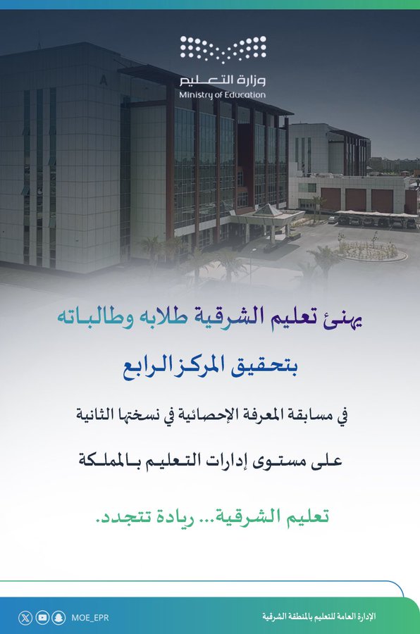 تعليم الشرقية يحقق المركز الرابع في مسابقة المعرفة الإحصائية